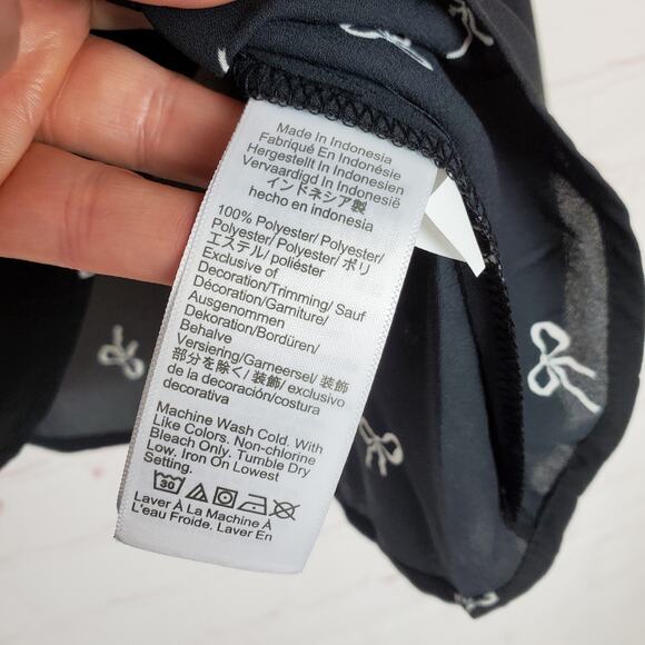 J Crew Velvet Tie Neck Top Bow Print Womens XL Black Ivory Blouse Long Sleeve - Picture 10 of 14